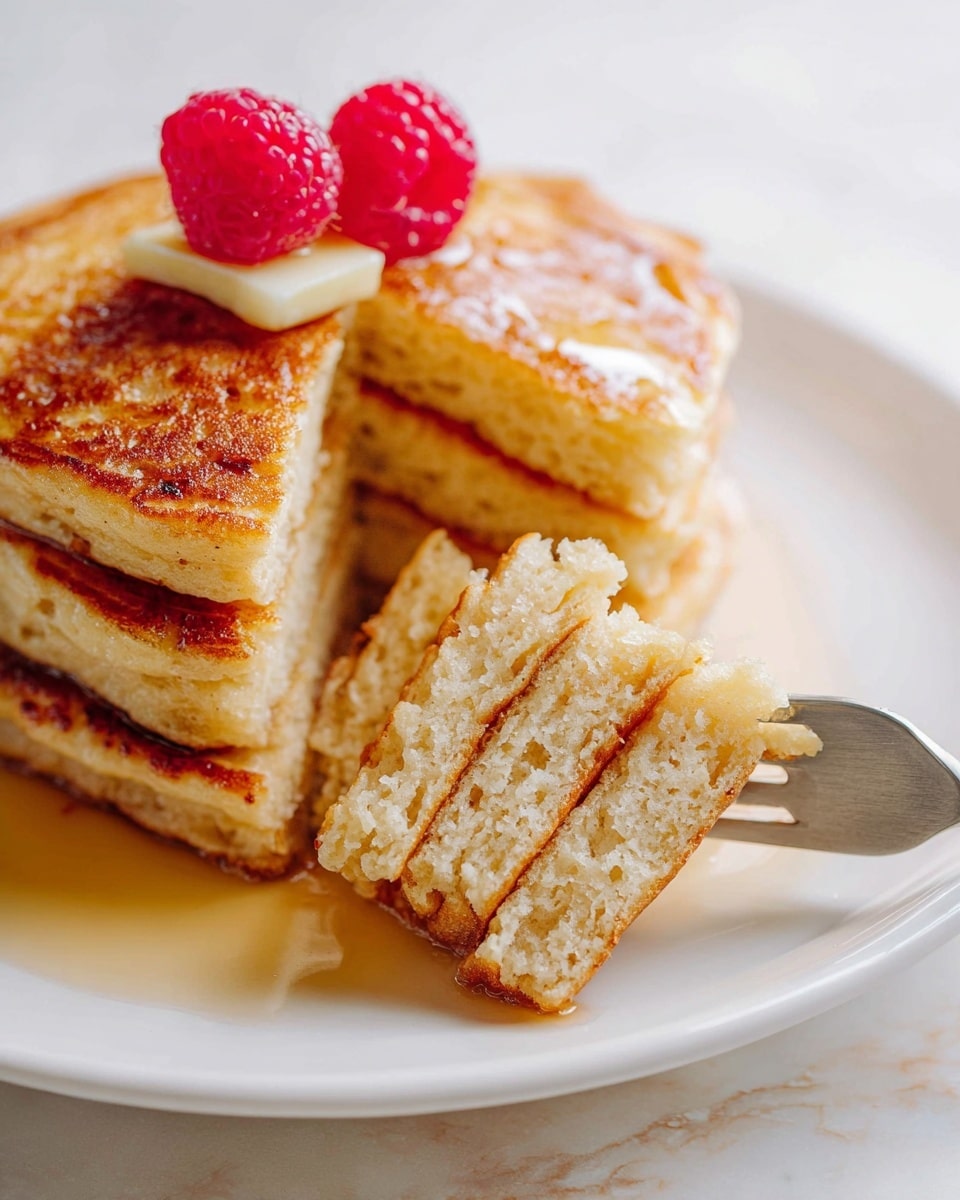 A stack of three thick, golden brown pancakes sits on a white plate with syrup soaking slightly into the fluffy layers. Four thinner slices of a pancake show the light, airy texture inside, held by a fork on the right side of the plate. A few bright red raspberries sit on top of the stack, adding a pop of color. The background and surface are a white marbled texture. photo taken with an iphone --ar 4:5 --v 7