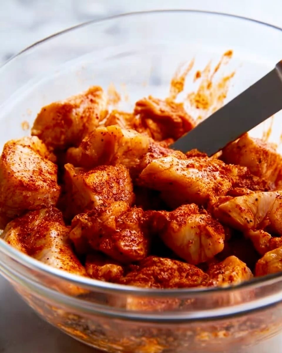A clear glass bowl filled with several chunks of raw chicken coated in a reddish spice mix, showing uneven textures where the seasoning sticks. A silver knife is stirring the chicken pieces inside the bowl, mixing the spices well. The focus is on the textured chicken pieces with some parts glistening slightly. The background has a white marbled surface that is softly blurred. Photo taken with an iphone --ar 4:5 --v 7