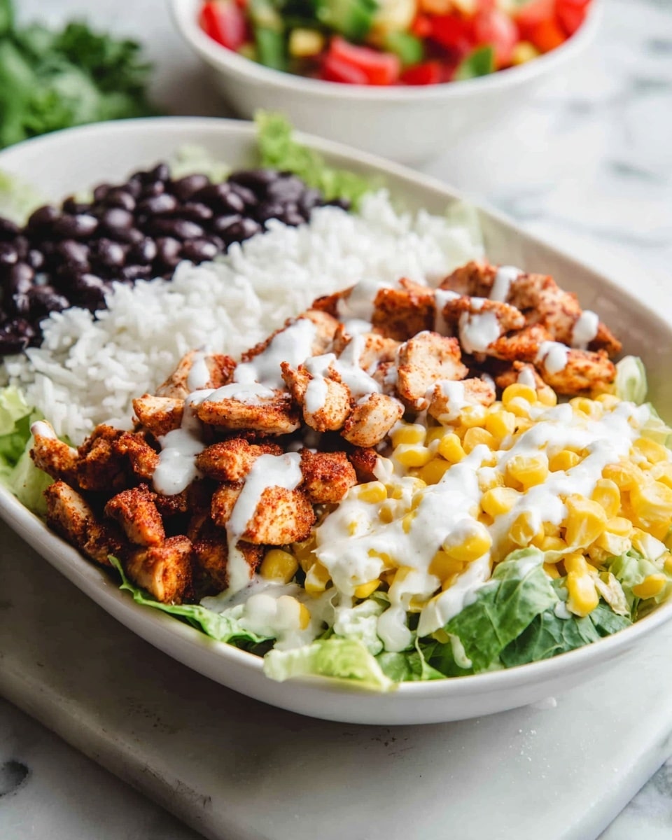 This image shows a white oval bowl filled with five distinct layers of food arranged side by side. At the bottom, there is a layer of green leafy lettuce, followed by a layer of plain white rice above it. Next to the rice, there are pieces of cooked, reddish-brown seasoned chicken strips. Above the chicken, there is a section of dark black beans, and to the right of these beans, a layer of bright yellow corn kernels. On top of all layers, white creamy dressing is drizzled evenly. In the background, there is a blurred white bowl containing a colorful mixture of red and green vegetables. The bowl is placed on a white marbled surface. Photo taken with an iphone --ar 4:5 --v 7