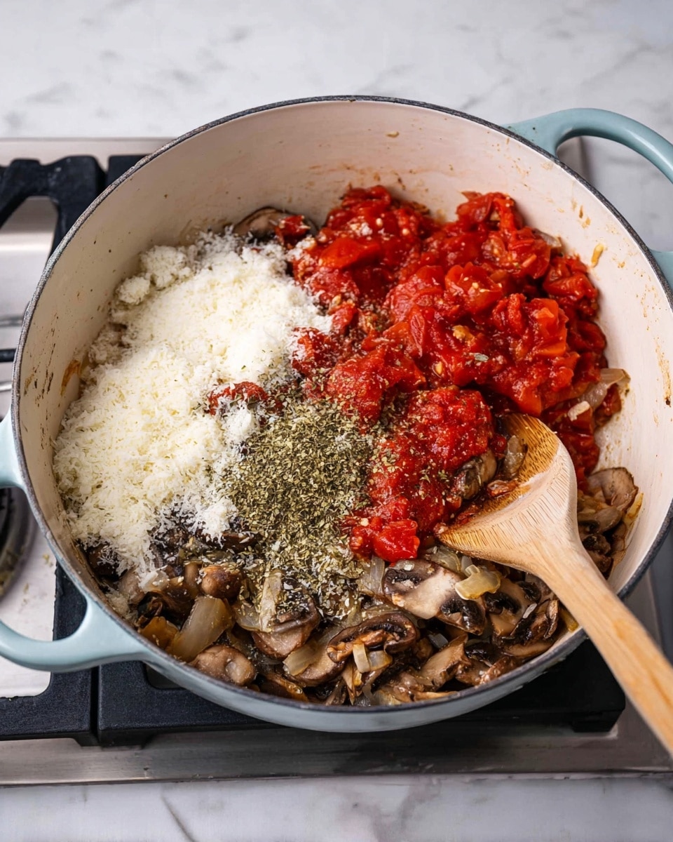 Inside a white cooking pot with light blue handles, there are four main layers of ingredients before mixing. On the bottom, cooked brown mushrooms with some translucent onions form the base. On the right, bright red chopped tomatoes are spread. On the top left side, there is a pile of finely grated white cheese. In the center, greenish dried herbs are sprinkled over the tomatoes and mushrooms. A wooden spoon is resting inside the pot on the right side. The pot sits on a stove with a white marbled surface around it. Photo taken with an iphone --ar 4:5 --v 7