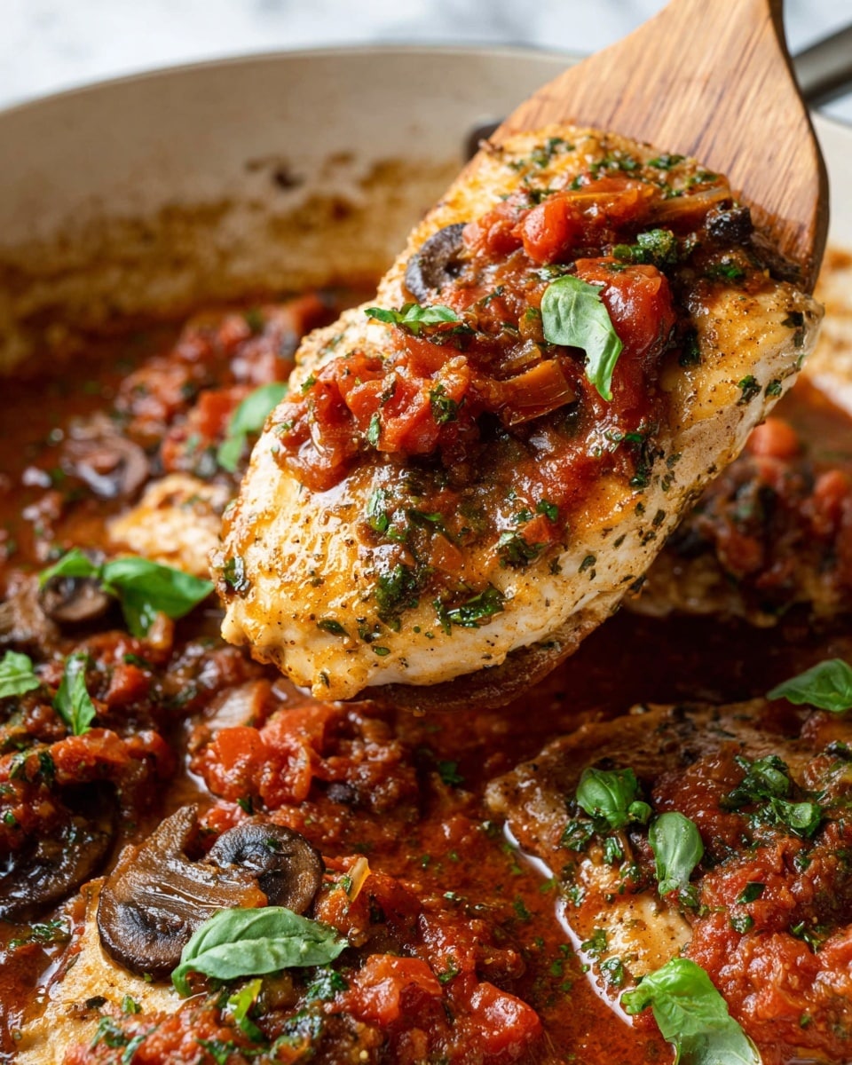 The dish shows a cooked chicken piece on top of sliced dark brown mushrooms, all covered with a chunky red tomato sauce mixed with bright green basil leaves scattered on and around. The chicken is light golden with a slightly crisp texture and has bits of diced tomatoes and herbs on top. The mushrooms underneath are soft and moist, sitting in a rich, saucy mix of tomatoes and herbs in a white pan. A wooden spatula holds the chicken piece above the pan, showing the glossy layers of the sauce and chicken. The white marbled surface adds brightness to the warm, colorful meal. photo taken with an iphone --ar 4:5 --v 7