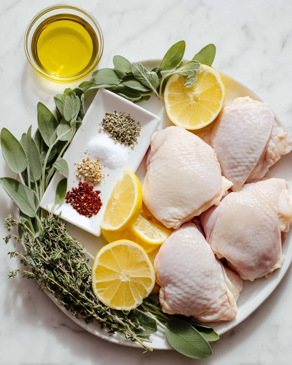 A white plate is filled with four raw chicken thighs placed in a loose semicircle on the right side, showing their pale, slightly shiny skin. Around the chicken are several bright yellow lemon slices and halves, some lying flat and some standing up, adding a fresh color contrast. There are fresh green sage leaves and sprigs of thyme spread mainly in the bottom and left parts of the plate, giving a vibrant leafy texture. In the center-right, a small white dish holds five small piles of spices including coarse salt, black pepper, red chili flakes, dried oregano, and garlic powder, arranged in neat distinct groups. To the top left of the plate, a small clear glass bowl filled with pale golden olive oil sits on a white marbled surface. The scene is bright and clean, with natural lighting highlighting the fresh ingredients photo taken with an iphone --ar 4:5 --v 7