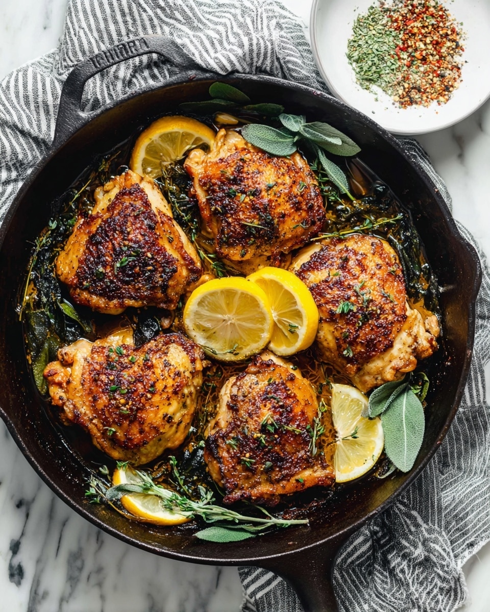 The image shows a black cast iron skillet filled with four golden-brown chicken pieces with a crispy texture, each topped with green herb leaves and slices of bright yellow lemon. Around and under the chicken, there are wilted dark green herbs and spices that add color contrast. The skillet is placed on a white marbled surface with a gray striped cloth partially underneath. A white plate with a mix of colorful spices and green herbs is visible in the top right corner. photo taken with an iphone --ar 4:5 --v 7