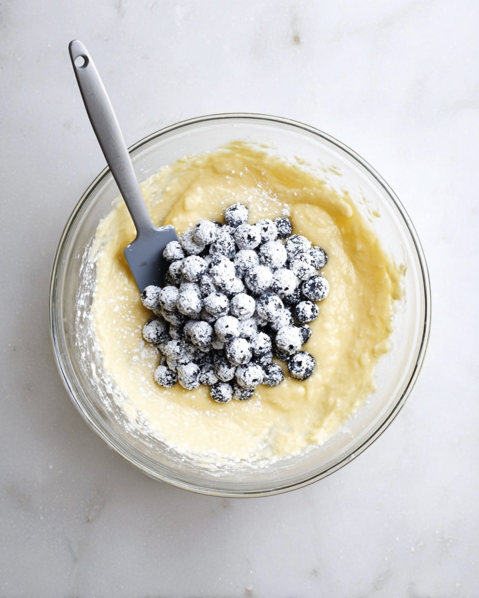 A clear glass bowl holds a soft, creamy light yellow batter filling most of the bowl, with a large heap of fresh blueberries coated in white powder placed on the top left side of the batter. A gray spatula is resting inside the bowl on the left side, partially touching the batter and berries. The bowl is set on a white marbled surface. photo taken with an iphone --ar 4:5 --v 7