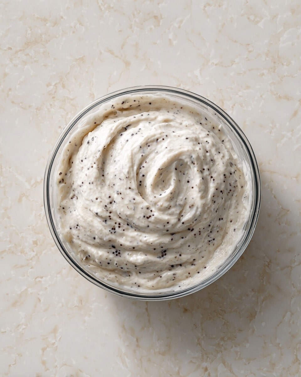 A clear glass bowl filled with one layer of thick, creamy mixture that is white with small dark specks scattered evenly throughout, sitting on a white marbled surface. The mixture has a slightly swirled texture on top showing its soft, smooth consistency. photo taken with an iphone --ar 4:5 --v 7