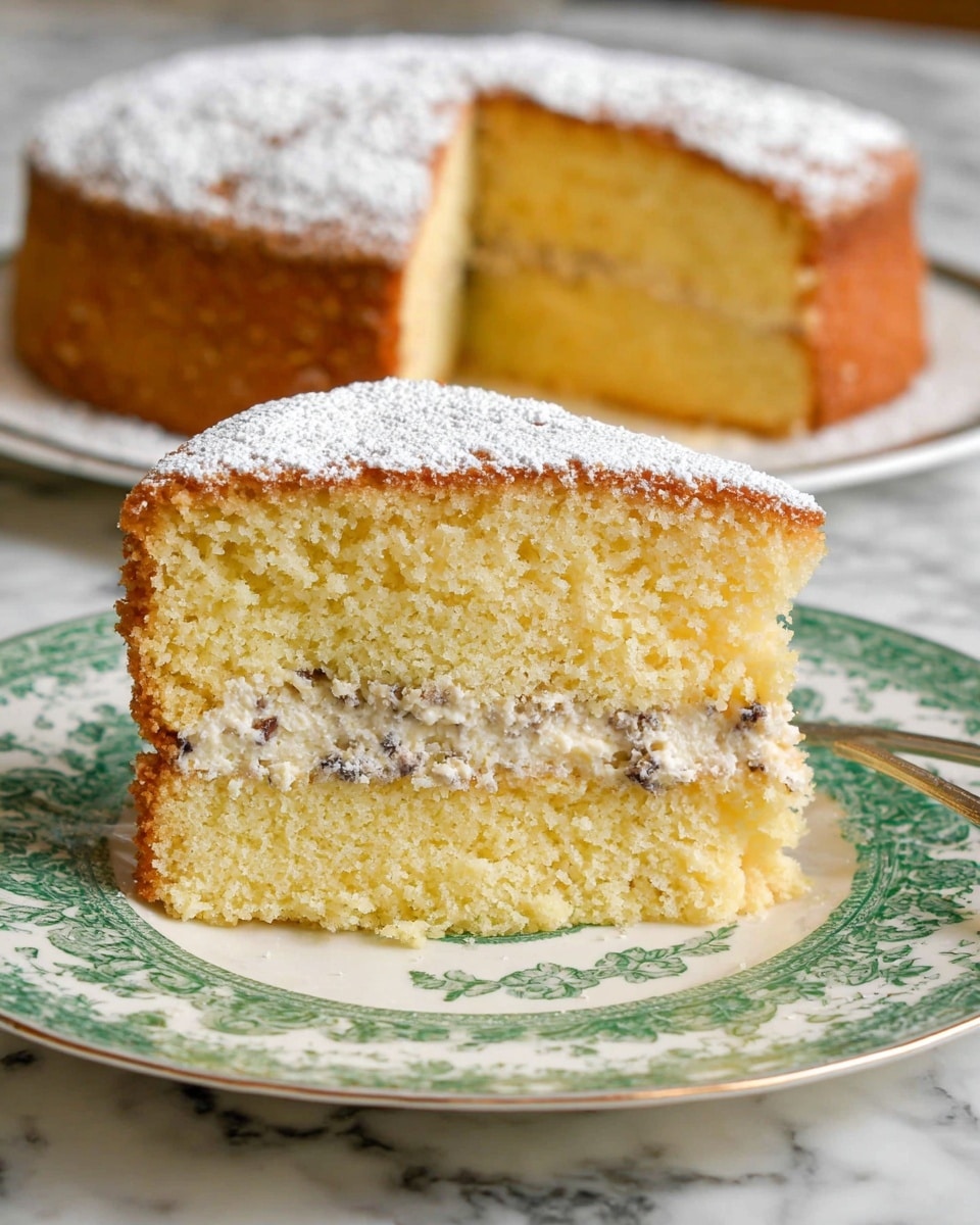 A thick slice of two-layer yellow cake sits on a white plate with green decoration, each cake layer having a soft, crumbly texture and a light golden brown top. Between the layers is a creamy white filling mixed with small dark specks, spread evenly. The top of the slice is dusted with powdered sugar, giving a light, snowy finish. In the background, the rest of the cake is visible on a white plate, showing the same texture and powdered sugar on top, against a white marbled surface. Photo taken with an iphone --ar 4:5 --v 7
