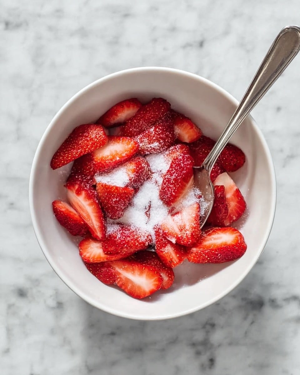 A white bowl filled with sliced red strawberries layered evenly, topped with a sprinkle of white granulated sugar mainly in the center. A silver spoon rests inside the bowl on the right side, slightly digging into the strawberries. The bowl is placed on a white marbled surface, adding a clean and simple look. photo taken with an iphone --ar 4:5 --v 7