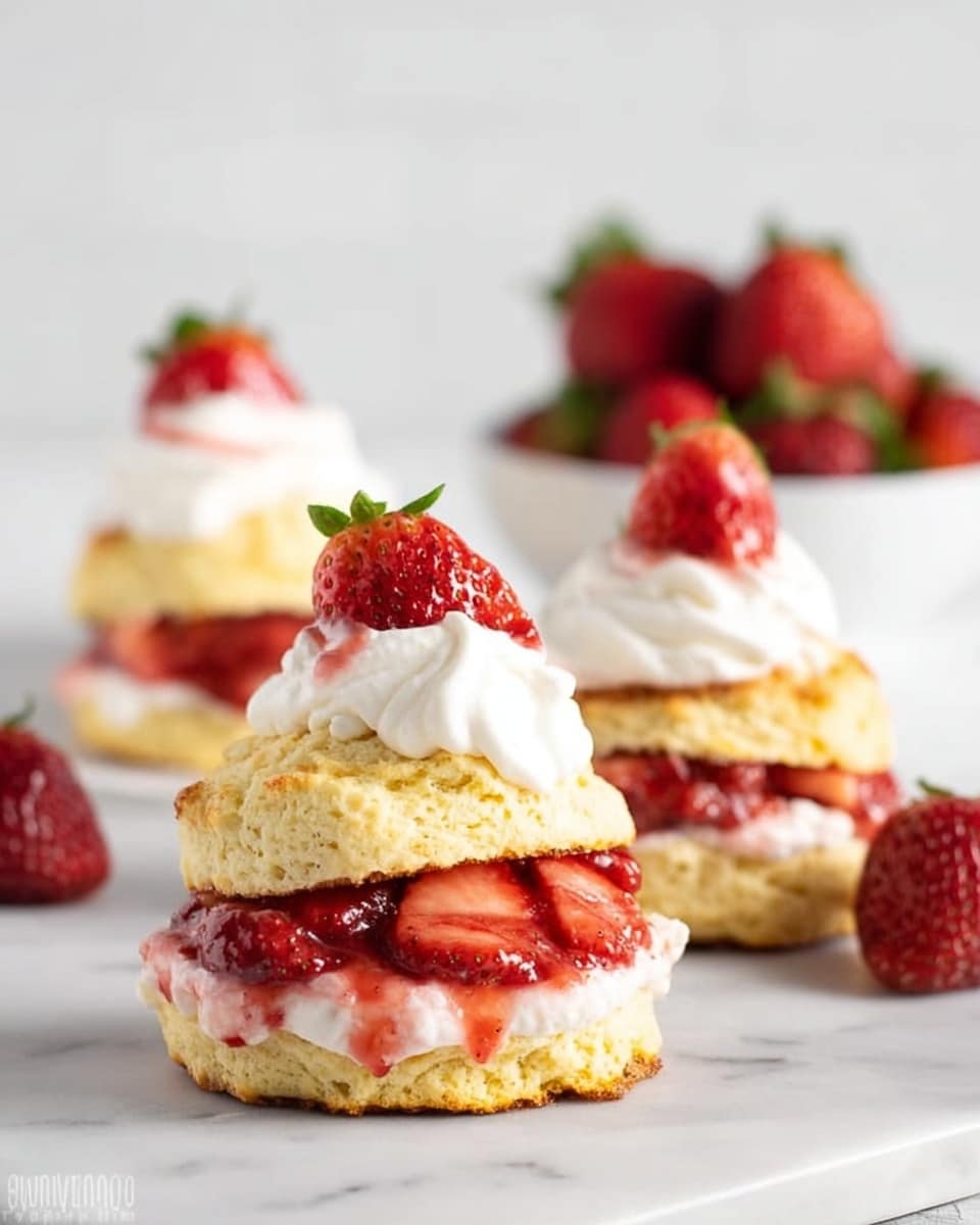 The image shows three strawberry shortcakes arranged on a white marbled surface. Each shortcake has three layers: the bottom layer is golden-yellow biscuit with a crumbly texture, topped with a layer of sliced red strawberries soaked in red syrup. Above the strawberries, there is a thick, fluffy layer of white whipped cream with a light pink tint in some areas. The top layer is another piece of golden biscuit crowned with a dollop of white whipped cream and a small slice of strawberry on top. In the background, a white bowl filled with whole red strawberries is slightly out of focus. Photo taken with an iphone --ar 4:5 --v 7