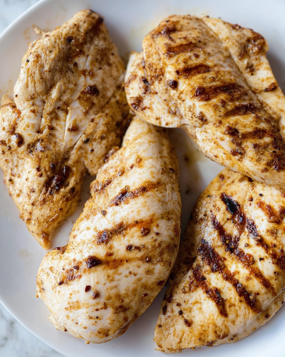 The image shows five cooked chicken pieces arranged close together on a white plate, placed on a white marbled surface. Each chicken piece is light brown with visible grill marks and small dark spots of seasoning or caramelized areas. The texture looks soft yet slightly firm, with small crispy edges on some parts. The lighting highlights the juicy and slightly shiny surface of the chicken, with a few spots of natural oil or sauce. Photo taken with an iphone --ar 4:5 --v 7