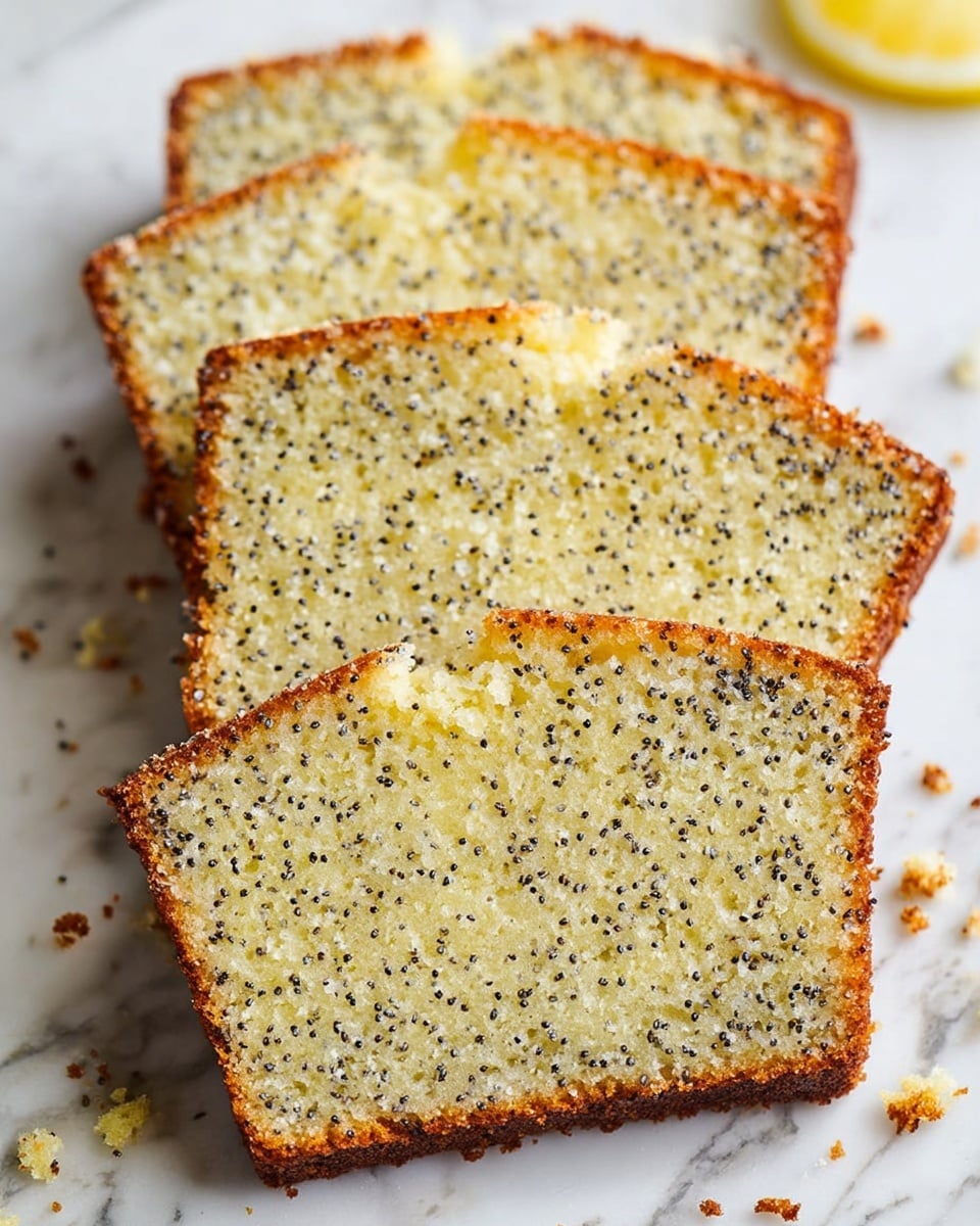 Four slices of light yellow poppy seed cake are stacked slightly overlapping each other on a white marbled surface, showing a soft and moist texture with small black poppy seeds spread evenly throughout. The cake slices have a thin, golden-brown crust along the edges. There are small crumbs scattered around the slices, and a wedge of lemon is partially visible in the lower right corner. Photo taken with an iphone --ar 4:5 --v 7
