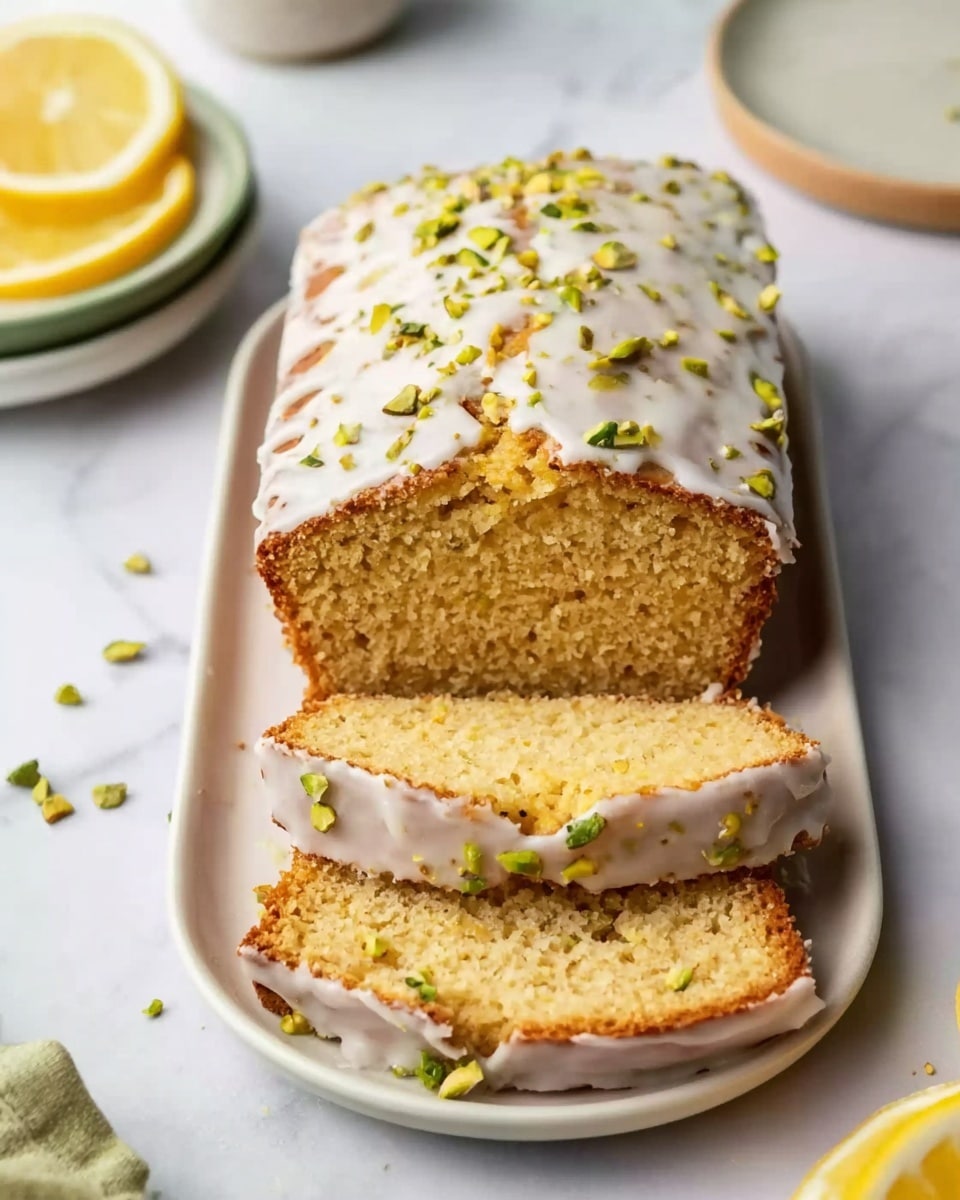 A loaf of sliced cake with a light brown crumb is placed on a white plate. The top of the cake is covered in a shiny white icing glaze that drips slightly down the sides. Small green pistachio pieces are sprinkled over the icing. Two slices of cake are removed from the loaf and positioned at the top of the plate, revealing the soft and moist texture inside. The scene includes a few loose pistachio pieces scattered near the plate and a partial view of lemon slices on a separate dish in the background, all set on a white marbled surface. Photo taken with an iphone --ar 4:5 --v 7