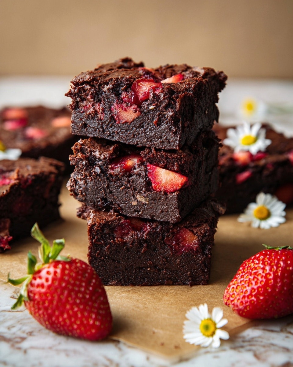 The image shows a stack of three thick, dark chocolate brownies with visible soft texture and small red pieces of strawberries inside and on top. The brownies have a rich, moist look with a slightly crumbly surface. Around the stack, there are more brownies lying flat, also with bright red strawberry pieces, and scattered small white and yellow daisy flowers as decoration. Two fresh strawberries lay in the foreground on a light brown parchment paper, placed on a white marbled surface. The photo taken with an iphone --ar 4:5 --v 7