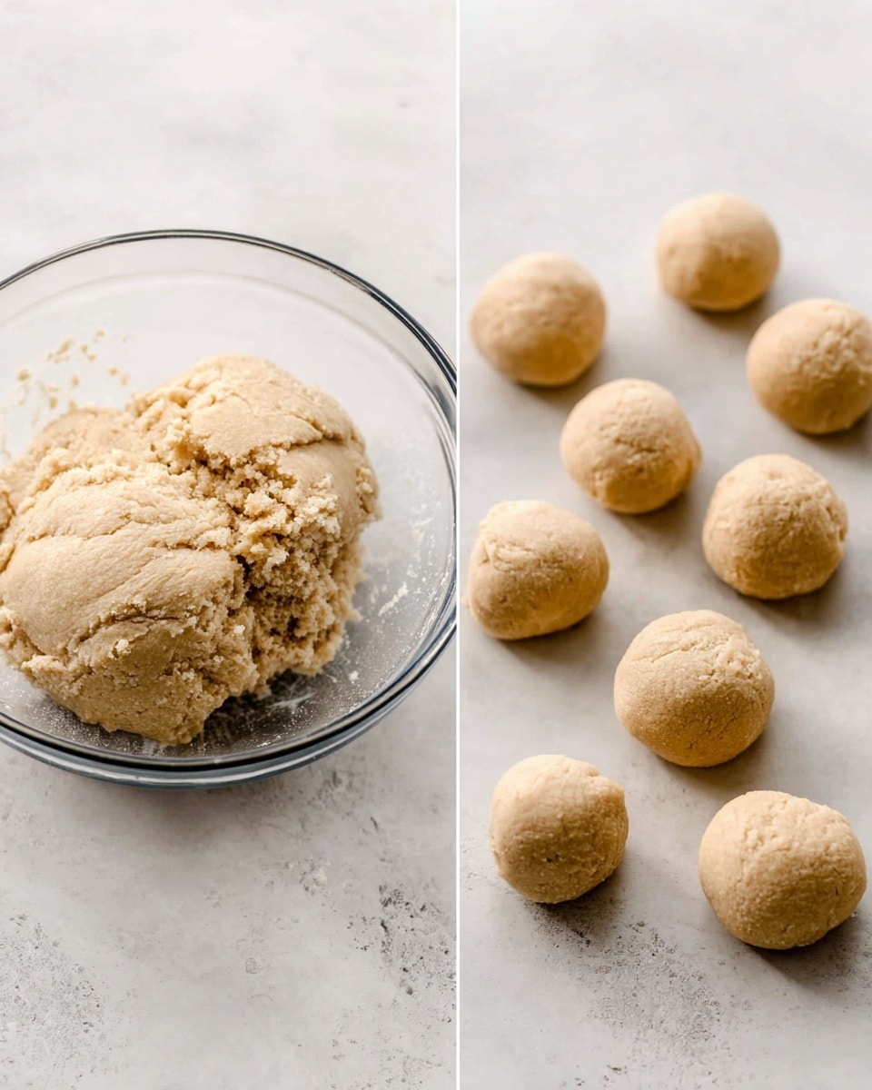 The image shows two parts: on the left side, there is a clear glass bowl filled with a large ball of beige dough that looks soft and slightly crumbly, sitting on a white marbled surface. On the right side, there are nine smaller dough balls of the same beige color and texture, placed directly on the white marbled surface in a loosely arranged group. The dough balls are round but not perfectly smooth, showing small cracks and unevenness. Photo taken with an iphone --ar 4:5 --v 7
