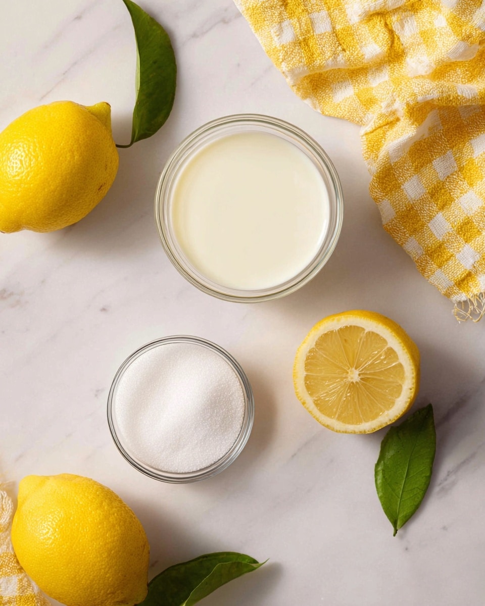 The image shows a white marbled surface with two clear glass bowls placed near the center. The top bowl contains a thick, smooth white liquid, while the bottom bowl holds fine white granulated sugar. Around the bowls, there are three whole bright yellow lemons and a lemon cut in half showing the juicy, pulpy interior. A green leaf lies near the halved lemon. On the upper right corner, there is a yellow and white checkered cloth with a waffle texture. The lighting is soft and natural, creating a fresh and clean look. photo taken with an iphone --ar 4:5 --v 7