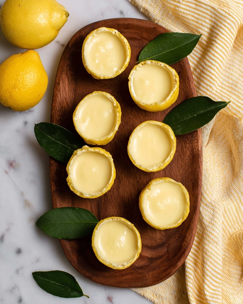 The image shows six lemon halves filled with smooth, creamy yellow custard on a dark wooden serving board. The lemon shells are bright yellow and hollowed out to hold the custard inside, each with a slightly glossy texture and small air bubbles on the custard surface. Four dark green leaves are placed around the lemons, adding a fresh and natural touch. The board sits on a white marbled surface with a yellow and cream striped cloth partially visible on the right side. In the top left corner, two lemon halves and one whole lemon are shown, enhancing the fresh citrus theme. Photo taken with an iphone --ar 4:5 --v 7