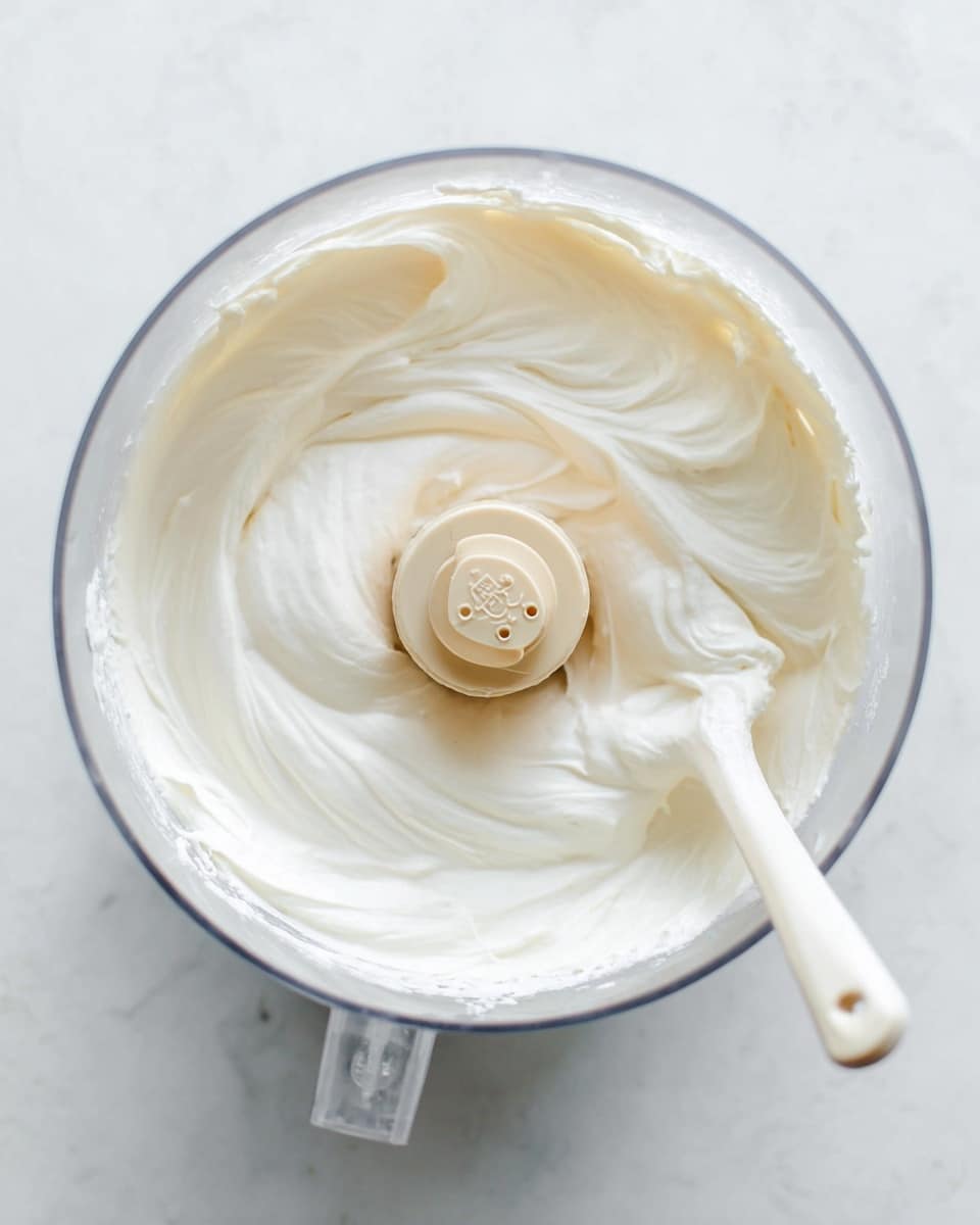 A top view of a clear food processor bowl filled with a smooth, thick white cream. The cream has soft folds and waves, showing its light and airy texture. In the middle, there is a beige-colored plastic blade holder. A white spoon with three round holes in the handle rests inside the bowl, slightly dipped into the cream. The bowl is placed on a white marbled surface. photo taken with an iphone --ar 4:5 --v 7