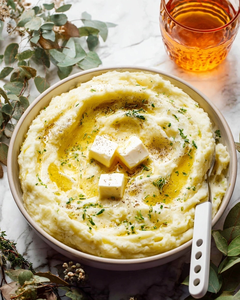 A white bowl filled with three layers: the bottom layer is smooth, creamy mashed potatoes in pale yellow with soft swirls; the second layer is melted butter pooled in the center with two small cubes of unmelted white butter on top, glistening and shiny; the top layer is sprinkled with finely chopped green herbs and coarse ground black pepper, adding texture and color contrast. A white spoon with three holes on the handle rests inside the bowl on the right edge. Behind the bowl, there is a clear amber-tinted glass filled with a warm-colored liquid, and the whole scene is set on a white marbled surface with some green leaves and natural elements around. Photo taken with an iphone --ar 4:5 --v 7