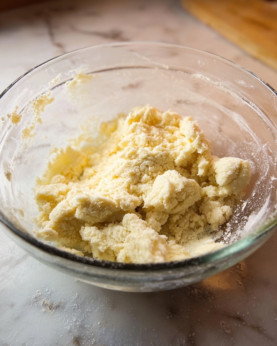 A clear glass bowl holds a crumbly, pale yellow dough mixture with a powdery texture visible on the surface and sides inside the bowl. The bowl is resting on a white marbled texture surface, and the background is softly blurred, making the dough the main focus. The dough looks slightly clumpy with some fine powder around it and some small bits on the bowl edges. The lighting is warm, giving a cozy kitchen feel. Photo taken with an iphone --ar 4:5 --v 7