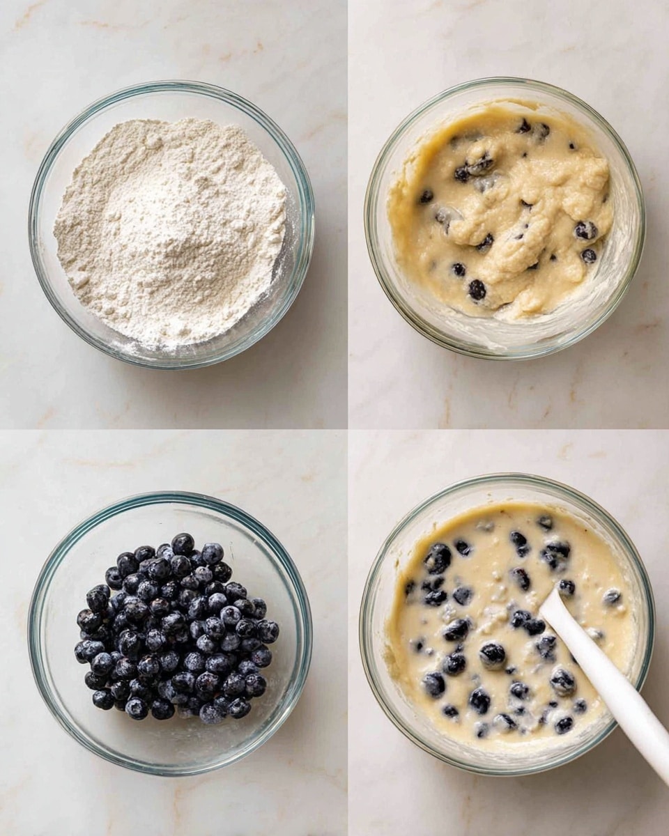 The image shows four stages of making blueberry batter in separate clear glass bowls placed on a white marbled surface. The first bowl is filled with a thick layer of white flour powders. The second bowl shows a mixture of flour and wet ingredients creating a bubbly, pale beige dough, with small chunks floating on top. The third bowl contains thick pale batter with a large pile of dark blue blueberries sitting on the surface, alongside a white spatula resting in the bowl. The last bowl shows the batter mixed with blueberries evenly spread throughout the pale creamy mixture with a white spatula partially dipped inside. Photo taken with an iphone --ar 4:5 --v 7