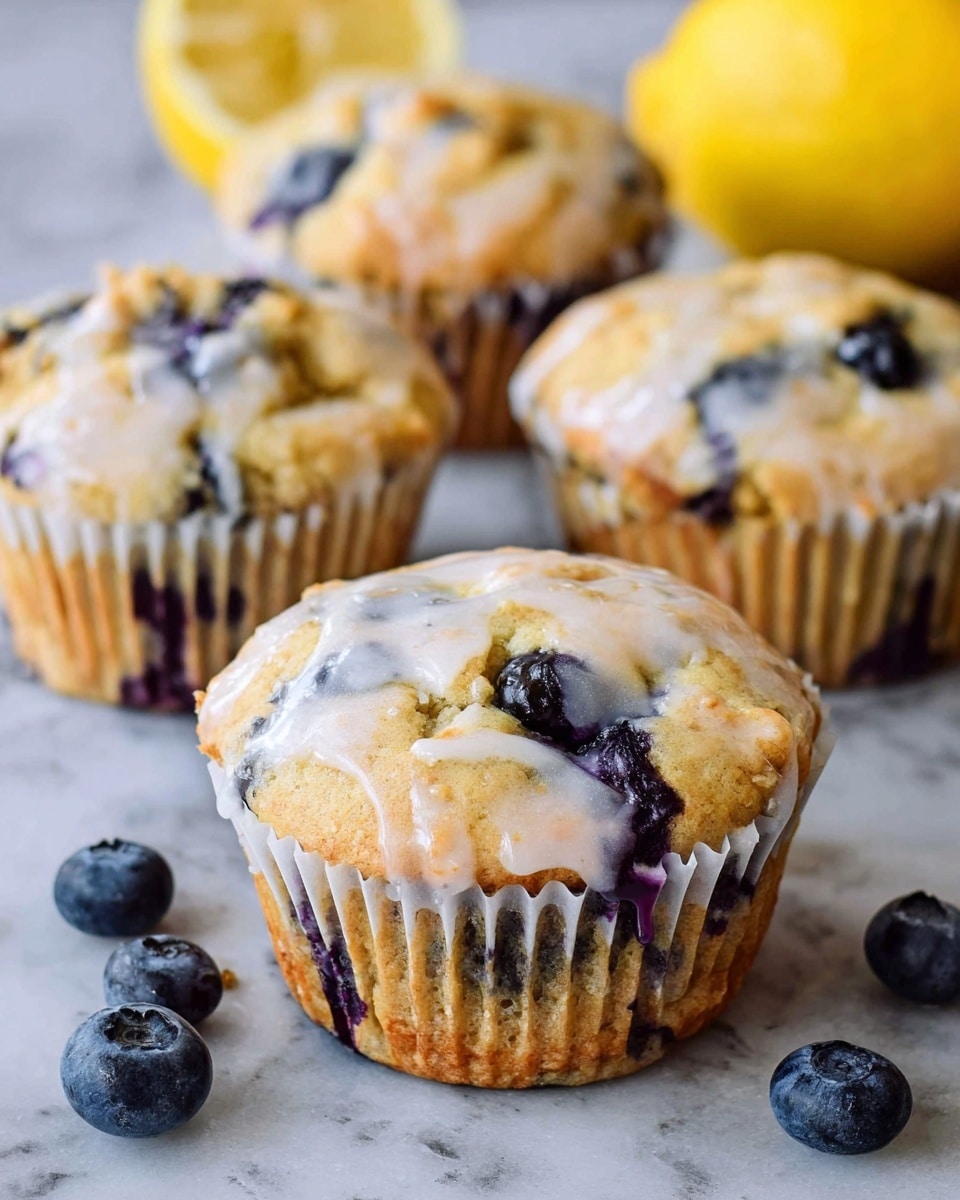 A close-up view of four muffins with a light golden-brown color, each with visible dark blue spots from blueberries baked inside. The muffin in the front shows a shiny white glaze lightly spread on top, with some blueberry juice seeping out. They are wrapped in white paper liners with slight purple stains near the base. Scattered around the muffins are fresh blueberries with a soft, powdery shine, and a yellow lemon half partially shown in the background. The muffins rest on a surface with a white marbled texture. photo taken with an iphone --ar 4:5 --v 7