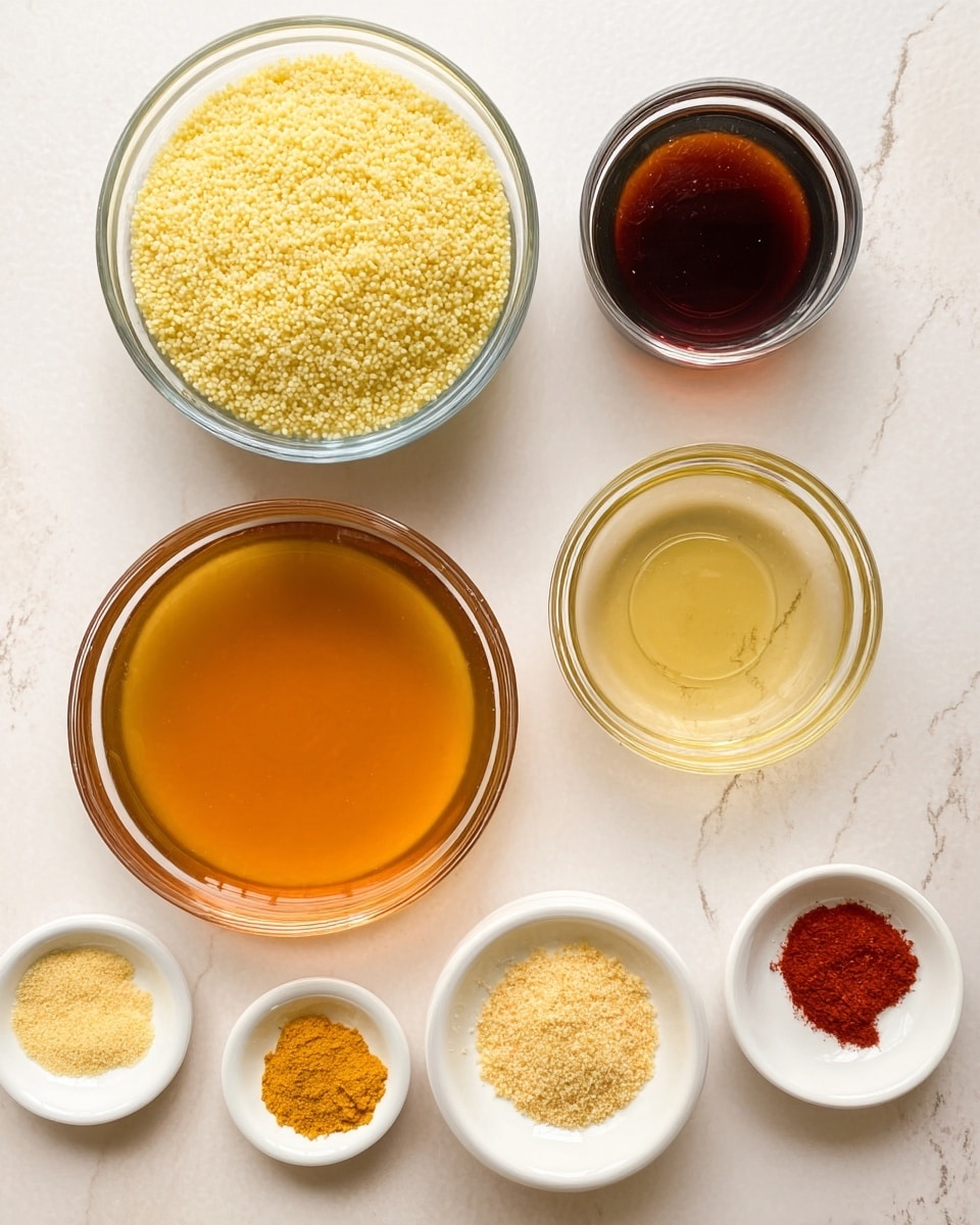 The image shows a top view of several small white bowls and glass bowls arranged on a white marbled surface. At the top left, there is a glass bowl filled with yellowish rice. To the right of it, a glass bowl holds a dark brown liquid. Below that, another glass bowl contains a golden-yellow liquid. At the bottom left, a larger glass bowl is filled with a light amber liquid, and surrounding it are four small white bowls. Two of these white bowls have yellowish powders, while the other two hold reddish powders. All the bowls together create a colorful and neatly arranged display of ingredients. photo taken with an iphone --ar 4:5 --v 7
