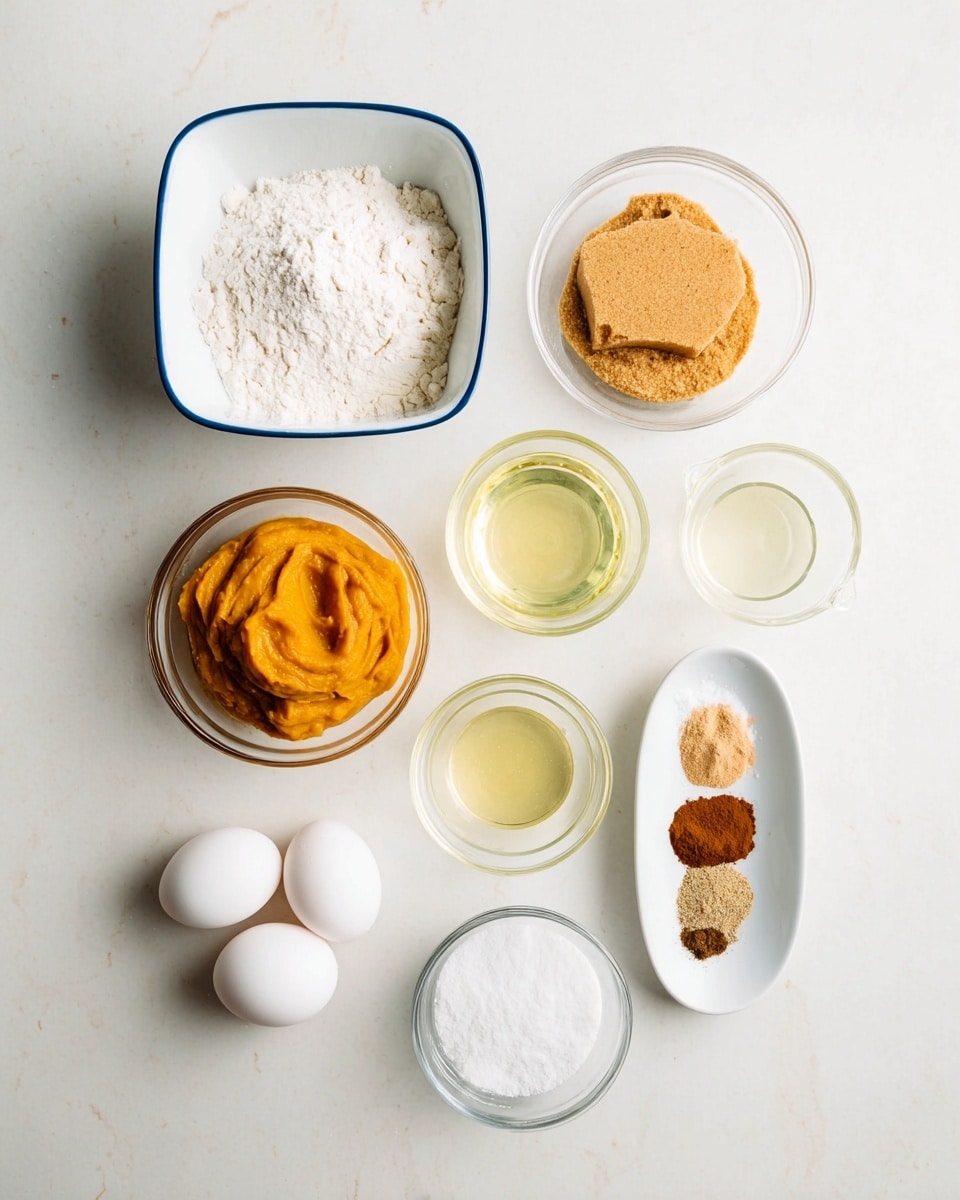 The image shows ten small white dishes and one glass measuring cup arranged neatly on a white marbled surface. At the top left, a square white bowl with a blue rim holds white flour. To its right, a clear glass bowl contains light brown sugar packed into a flat layer. Below these, a small white bowl is filled with smooth orange pumpkin puree on the left, and a clear glass measuring cup holds pale yellow oil next to it. To the right of the measuring cup is another clear glass bowl with a pale yellow liquid. In the center, a small clear bowl holds white salt. At the bottom left, two white eggs rest directly on the white marbled surface. Next to the eggs is a clear glass bowl with a white powder, likely baking soda. To the right of this is a small white oval plate with three ground spices: one light brown, one medium brown, and one dark brown. Finally, at the bottom right is a small clear glass bowl with powdered cinnamon. The setup looks clean and organized, with soft light and no shadows. photo taken with an iphone --ar 4:5 --v 7
