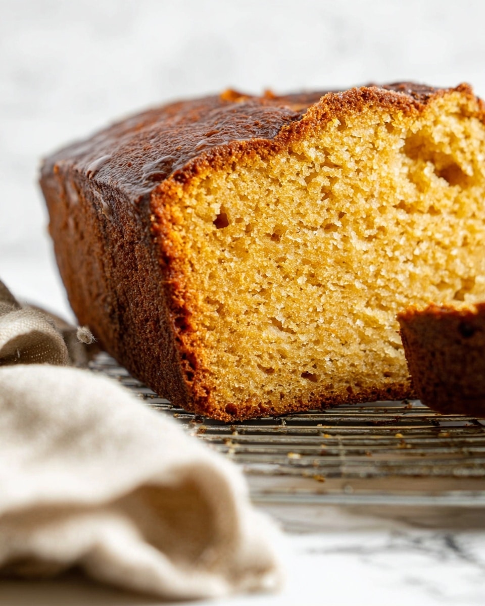 A close-up of a thick slice of golden brown loaf cake with a slightly darker, textured crust on top and around the edges, showing a moist and dense crumb inside with small air pockets and faint specks throughout; the slice is resting on a metal cooling rack on a white marbled surface, with part of a beige cloth visible in the foreground; photo taken with an iphone --ar 4:5 --v 7