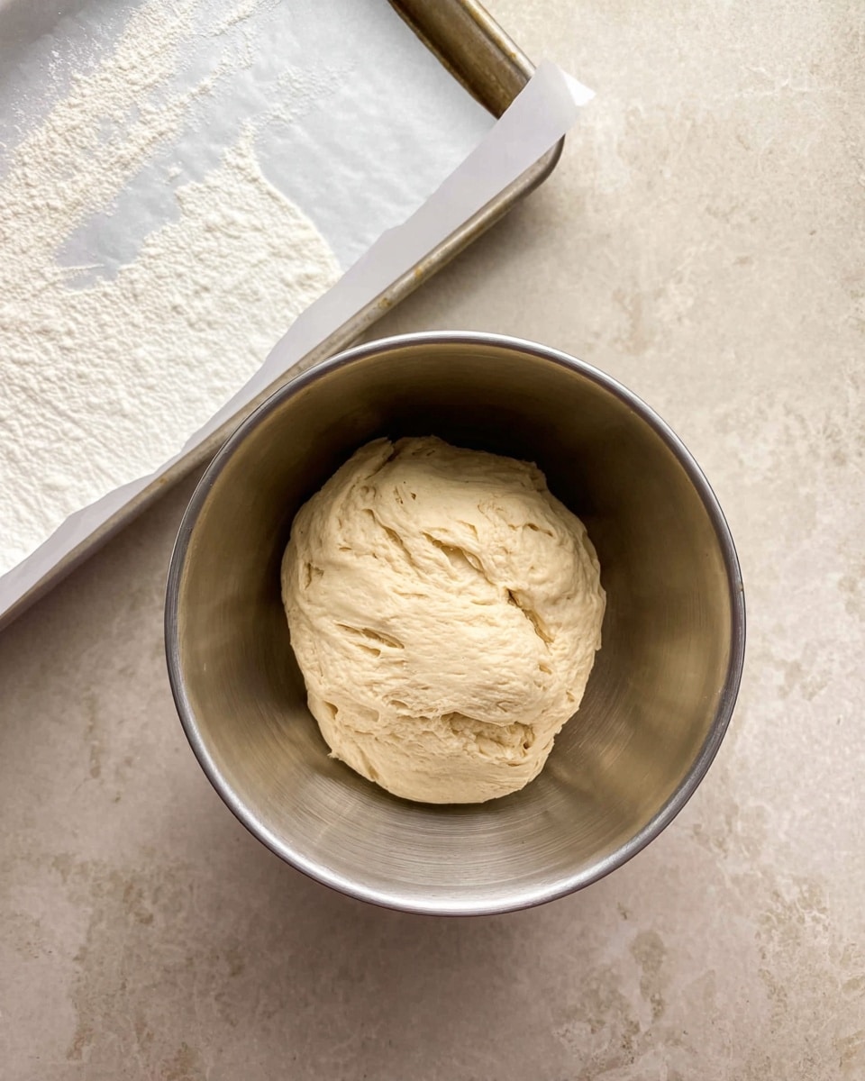 A ball of light beige dough with a soft and slightly sticky texture sits inside a silver metal bowl, taking up most of the bowl’s bottom. The dough has some uneven folds and small air spots showing its elasticity. Next to the bowl is a baking tray lined with a white parchment paper, placed on a white marbled textured surface. The setting suggests preparation for baking. photo taken with an iphone --ar 4:5 --v 7