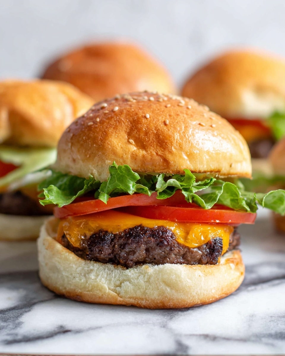 A cheeseburger sits on a white marbled surface with a soft sesame seed bun, showing three main layers: at the bottom is a lightly toasted sesame bun with a creamy, soft texture; above it, a juicy dark brown beef patty topped with melted orange cheddar cheese; next is a bright red fresh tomato slice, and on top, green leafy lettuce peeks out from under the shiny golden sesame seed top bun, slightly lifted. Pieces of other buns are blurred in the background. photo taken with an iphone --ar 4:5 --v 7
