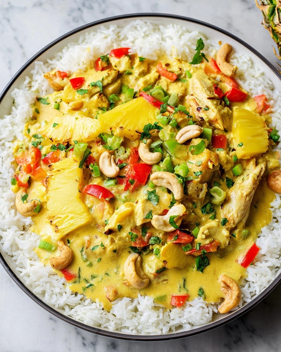 The dish is presented in a white bowl filled with a base layer of fluffy white rice arranged around the edges. On top sits a thick, creamy yellow curry with visible chunks of white meat mixed with bright, grilled pineapple pieces showing slight char marks. Interspersed throughout are small, colorful diced red and green bell peppers and chopped fresh green herbs sprinkled on the surface. There are also a few whole cashew nuts scattered across the curry, adding texture and contrast. The bowl rests on a white marbled texture surface. Photo taken with an iphone --ar 4:5 --v 7