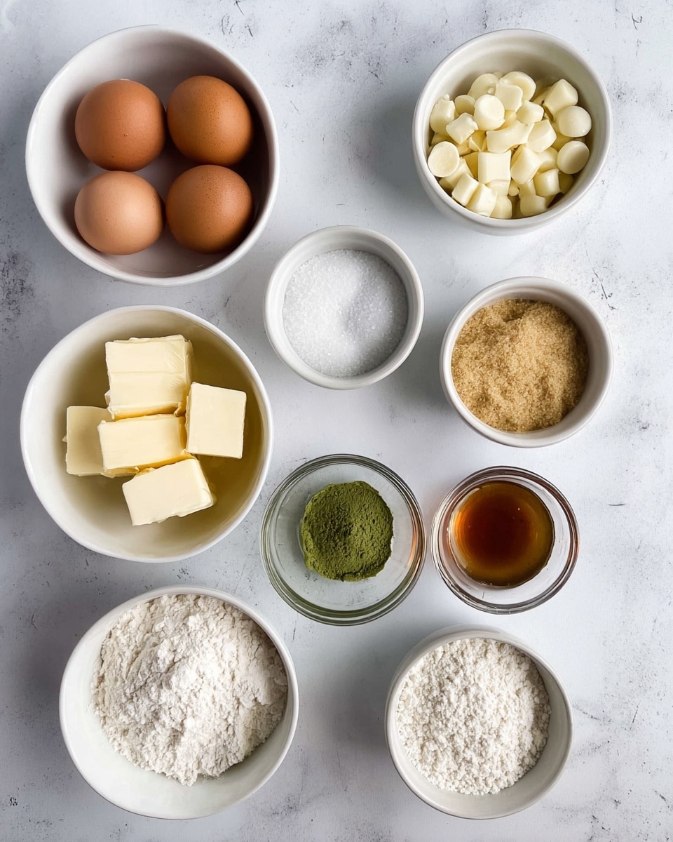 The image shows nine small white bowls and one clear glass bowl arranged on a white marbled surface. The top row has three white bowls: one with three brown eggs, a second with off-white chocolate chips, and a clear glass bowl with white coarse salt. The middle row includes a white bowl with several slices of pale yellow butter on the left, a small clear bowl in the center containing green matcha powder, and a clear glass bowl on the right holding light brown liquid vanilla extract. The bottom row has three white bowls with white granulated sugar on the left, white flour in the middle, and packed light brown sugar on the right. The ingredients are neatly arranged with distinct textures and colors, creating a clean and organized scene. Photo taken with an iphone --ar 4:5 --v 7