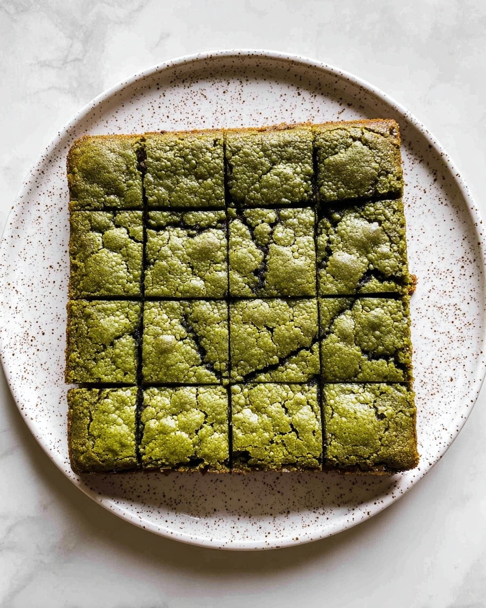 A square green brownie is placed on a white speckled plate, which sits on a white marbled surface. The brownie has a cracked top layer with a bubbled texture and is divided into 16 smaller square pieces with visible cuts. The edges of the brownie are darker and slightly raised compared to the inner sections. The overall color is an earthy green with a crumbly, textured look. photo taken with an iphone --ar 4:5 --v 7