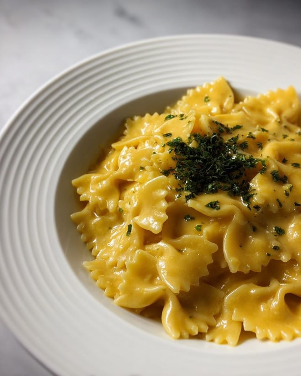 A close-up of a white plate with ridged edges holds a serving of bow tie pasta covered in a thick, smooth yellow sauce. The pasta is arranged in a single layer that fills the plate almost to its edges. On top of the pasta, there is a small garnish of finely chopped, dark green herbs that add contrast in color and texture. The plate sits on a white marbled surface, highlighting the creamy yellow of the sauce and the green of the garnish. The lighting is soft, creating subtle shadows that give depth to the pasta and sauce. photo taken with an iphone --ar 4:5 --v 7