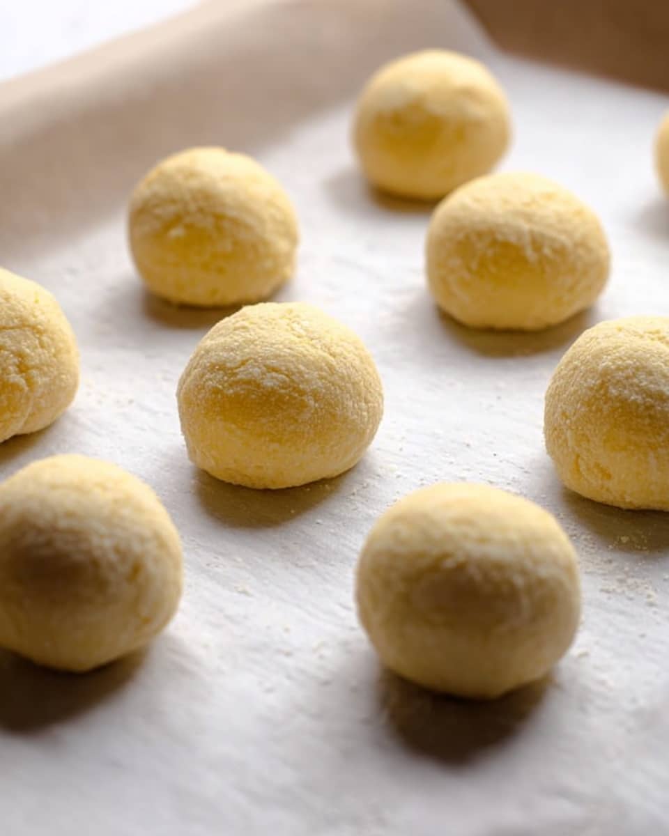 The image shows nine round dough balls placed on white parchment paper. The dough balls are light yellowish in color with a soft, slightly rough texture. They are arranged loosely in three rows, with some close to each other and some further apart. The background has a soft focus, highlighting the dough balls in the front. The surface beneath the parchment is a white marbled texture. Photo taken with an iphone --ar 4:5 --v 7