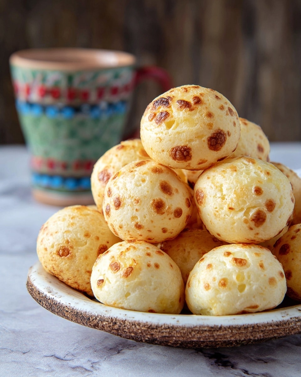A pile of small round baked cheese bread balls with a light golden color and brown cheese spots is stacked on a white plate with rustic brown edges. The bread balls have a puffy and slightly textured surface, showing some uneven spots of melted cheese. The plate sits on a white marbled texture surface, and in the background, there is a blurry ceramic cup with green, red, and blue shades. Photo taken with an iphone --ar 4:5 --v 7