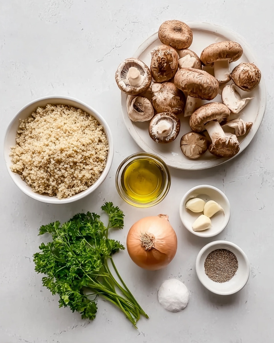 The image shows six separate items arranged neatly on a white marbled surface. In the top left, there is a white bowl filled with fluffy, light beige quinoa. To the right, a round white plate holds a variety of whole mushrooms, including large brown and smaller beige ones. Below the quinoa bowl, there is a bunch of fresh green parsley with bright leaves. Near the parsley is a small clear glass bowl containing golden yellow olive oil. To the right of the oil, there is a whole shallot with smooth, light brown skin. Above the shallot is a small white dish holding three peeled garlic cloves. Lastly, to the right of the garlic, another small white dish contains coarse salt and ground black pepper side by side. The whole scene is lit gently, with soft shadows giving a fresh and clean look photo taken with an iphone --ar 4:5 --v 7
