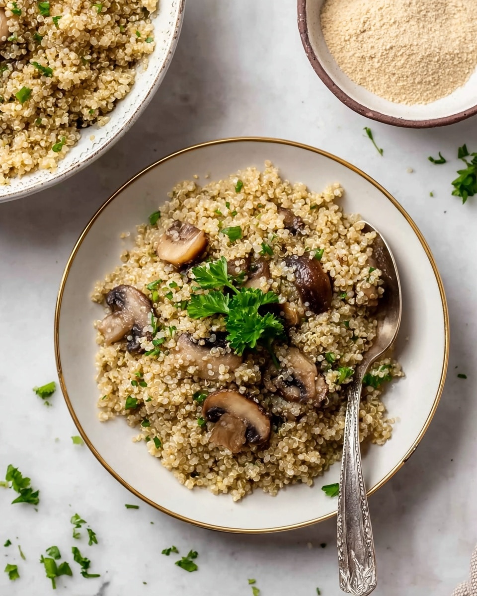 A white bowl with a thin gold rim sits on a white marbled surface, filled with a single layer of cooked quinoa mixed with sliced brown mushrooms and small green parsley pieces evenly spread throughout. On top of the quinoa, a sprig of fresh parsley adds a touch of bright green. A vintage silver spoon rests inside the bowl, partly covered by the food, placed on the right side. In the background, there is another white bowl with a thin gold rim partially visible at the top left, filled with more of the quinoa mixture, and a white bowl with a brown rim containing a light beige powder placed at the top right. Scattered parsley leaves add small green spots around on the white marbled surface. Photo taken with an iphone --ar 4:5 --v 7