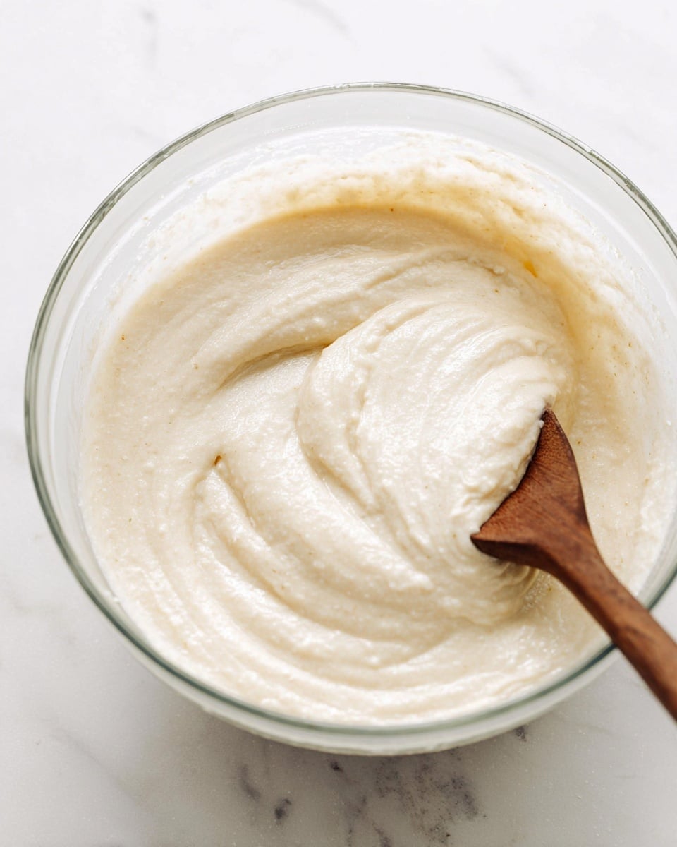 A clear glass bowl contains a thick, creamy batter of pale off-white color with a smooth yet slightly grainy texture. The batter fills the bowl about halfway, with visible swirls and folds showing it has just been stirred. A wooden spoon is dipped into the mixture on the right side of the bowl. The bowl is set on a white marbled surface. photo taken with an iphone --ar 4:5 --v 7