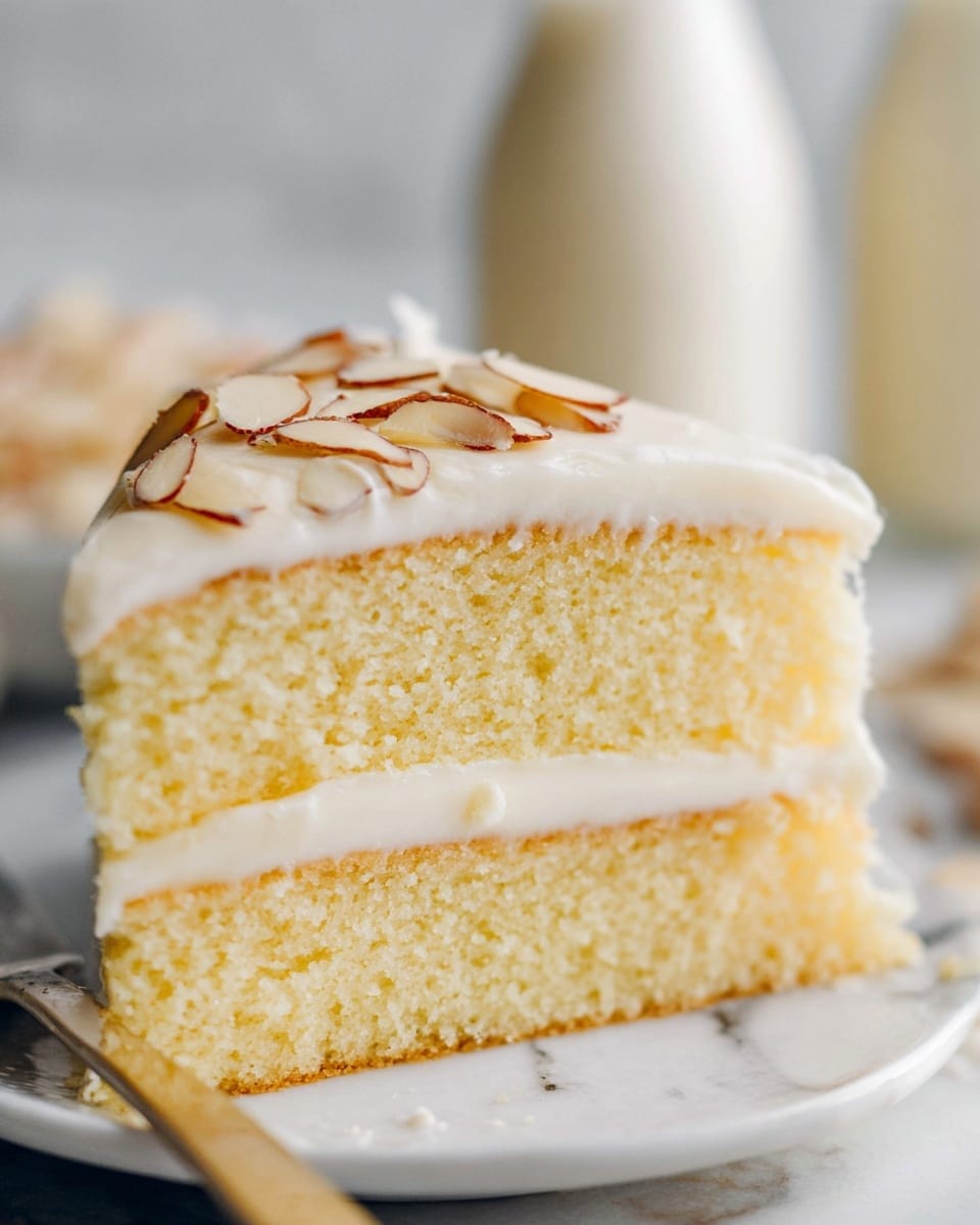 The image shows a close-up of a two-layer yellow cake slice with thick white frosting between the layers and covering the top. The top of the cake slice is decorated with light brown almond slices scattered over the smooth frosting. The cake slice is placed on a white plate on a white marbled surface, with a blurred background including two out-of-focus white bottles. The texture of the cake looks soft and moist. The photo has a bright and clean look, with soft lighting highlighting the creamy frosting and pale yellow cake layers photo taken with an iphone --ar 4:5 --v 7