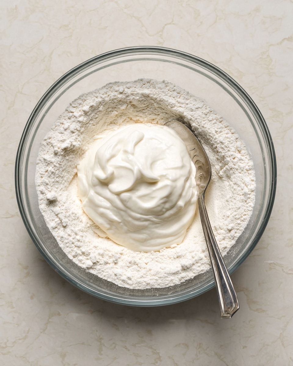 A clear glass bowl sits on a white marbled surface, filled with two layers: the bottom layer is white flour with a dry, powdery texture spread evenly inside the bowl, and on top is a smooth, creamy white layer of thick yogurt placed in the center, not fully mixed. A silver spoon rests on the right side inside the bowl, partly touching the flour. Photo taken with an iphone --ar 4:5 --v 7