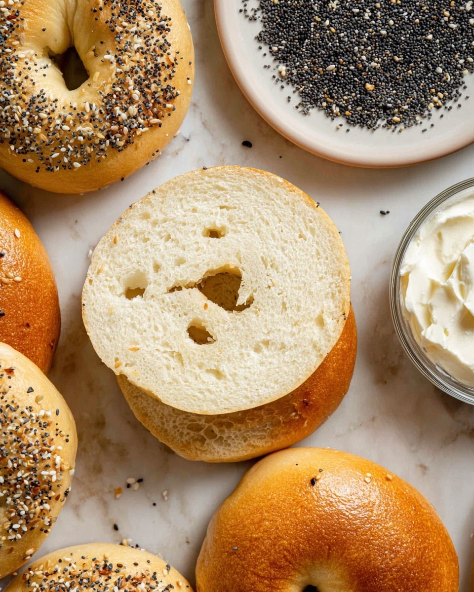 The image shows a close-up of several bagels on a white marbled background. In the center, there is one plain bagel sliced in half horizontally, revealing its soft, light beige inside with small holes. On top of the bottom half of the bagel lies the shiny golden-brown top half. Around the sliced bagel, there are whole bagels topped with a mix of black and white seeds, giving them a speckled texture. Above the center bagel, there is a white plate filled with black seeds. At the bottom right corner, a glass bowl holds smooth, white cream cheese with a glossy surface. The scene is well lit, highlighting the shiny surface of the bagel and the texture of the seeds. photo taken with an iphone --ar 4:5 --v 7