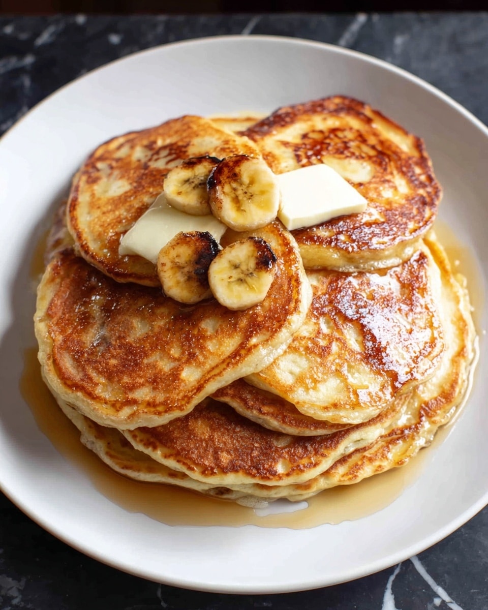 A white plate holds a stack of seven golden-brown pancakes arranged in a rough circle, each pancake showing a crispy, lightly uneven texture with darker brown spots. On top of the center pancake are three grilled banana slices with charred marks, and two small rectangular pieces of butter placed symmetrically on either side. Light syrup is drizzled over the whole stack, shining softly and pooling slightly around the edges. The plate sits on a white marbled surface that contrasts with the dark background, and the photo has a warm, inviting lighting. photo taken with an iphone --ar 4:5 --v 7
