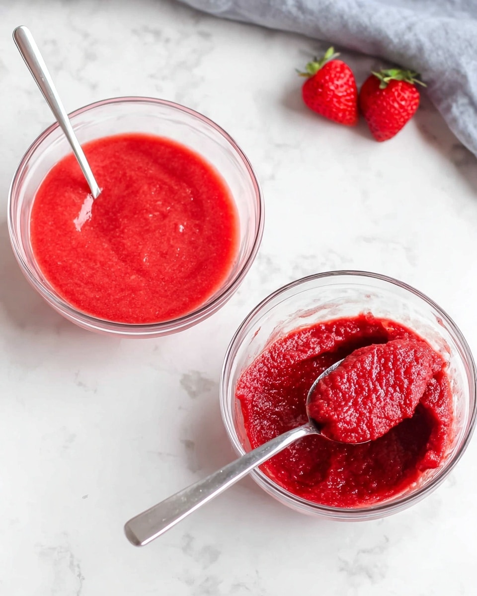 The image shows two clear glass bowls on a white marbled surface with a soft grey cloth in the background and two bright red strawberries nearby. The left bowl has a smooth red liquid mixture with a metal spoon resting inside, showing a slightly frothy texture on top. The right bowl holds a thick, dense red paste on a spoon, which looks rich and almost creamy, with the spoon placed inside the bowl. The colors are mainly shades of vibrant red, clear glass, and white marble, creating a bright and fresh look. Photo taken with an iphone --ar 4:5 --v 7