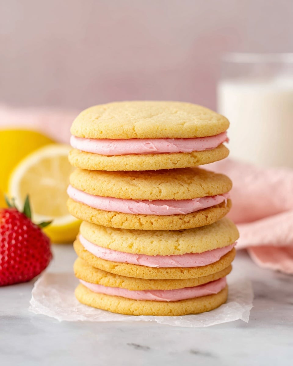 A stack of four sandwich cookies is shown, each made of two soft, light yellow cookies with a layer of smooth pink cream filling in between. The cookies have a slightly crumbly texture with uneven edges. The stack sits on white parchment paper placed on a white marbled surface. In the background, a halved lemon and a strawberry are visible on the left side, with a clear glass of milk and a pale pink cloth slightly blurred behind the stack. The overall color is soft, pastel, and bright. photo taken with an iphone --ar 4:5 --v 7