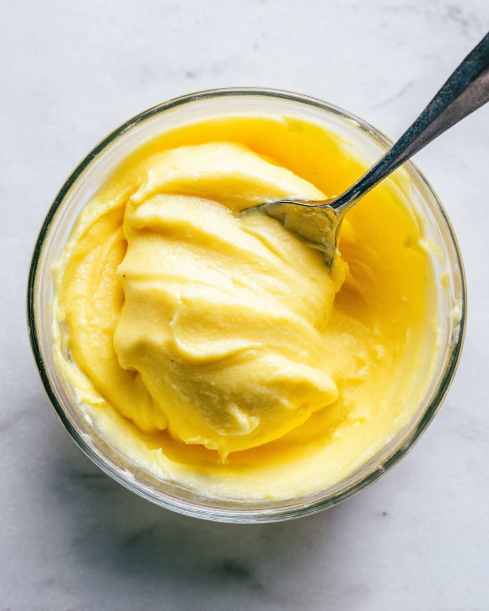 A close-up view of a single clear glass bowl filled with smooth, thick yellow butter inside. The butter has a shiny, soft texture with small ridges where it has been stirred. A silver spoon with a dark handle is partially dipped in the butter, showing the mixing motion. The bowl sits on a white marbled surface, giving a clean and bright background. photo taken with an iphone --ar 4:5 --v 7