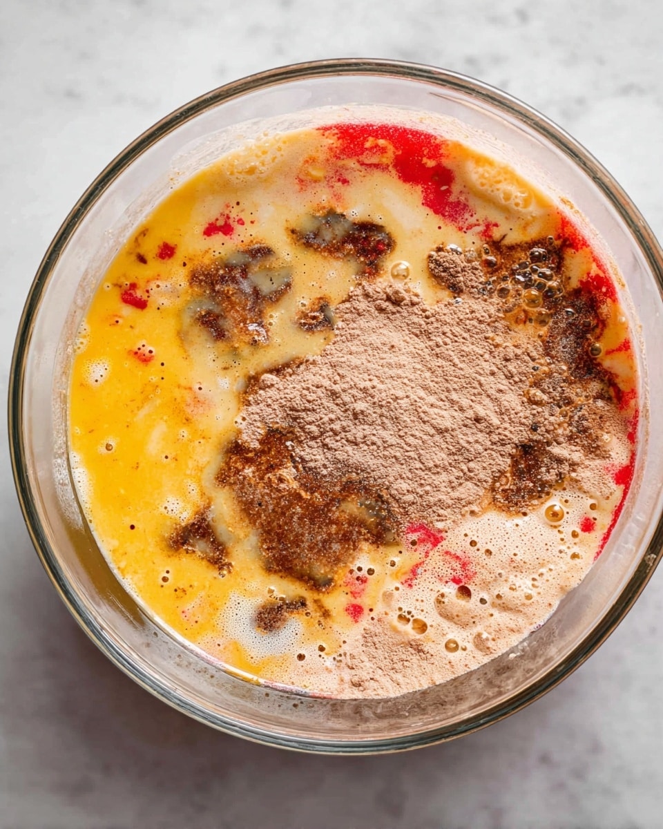 A clear glass bowl filled with several visible layers of ingredients before mixing: a yellow-orange liquid layer distributed mostly on the bottom left, a light brown powder sprinkled unevenly on top, some darker brown liquid mixed in with the powder, and small splashes of bright red liquid scattered in spots mainly on the left side. The mixture has a slightly bubbly texture on the surface and varied thickness. The bowl sits on a white marbled surface. photo taken with an iphone --ar 4:5 --v 7