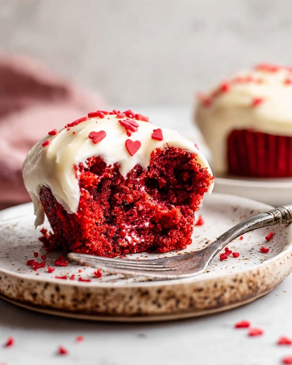 A red velvet cupcake with two visible layers sits on a white plate with brown speckles, placed on a white marbled surface. The bottom layer is bright red and fluffy with a soft, crumbly texture, while the top layer is coated with smooth, white cream cheese frosting that slightly drips down the sides. There are small, flat red heart-shaped sprinkles scattered on the frosting and plate. In the foreground, a silver fork rests on the edge of the plate, and the blurred background shows another cupcake on a similar plate. Photo taken with an iphone --ar 4:5 --v 7