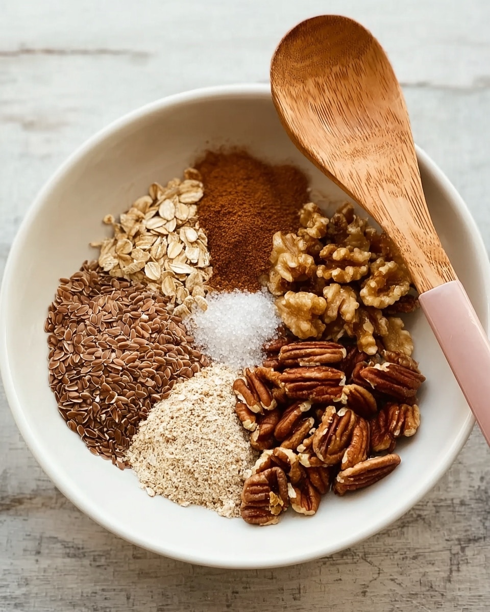 A white bowl on a white marbled surface holds five different ingredients arranged in separate piles inside. On the left, a pile of brown flax seeds sits next to a small mound of light brown oats topped with a pinch of white salt. Above these, a heap of reddish-brown cinnamon powder is positioned near the oats. To the right, a cluster of whole light brown walnuts sits above a pile of coarsely chopped darker brown pecans. Resting on the bowl’s edge is a wooden spoon with a pink handle. Photo taken with an iphone --ar 4:5 --v 7