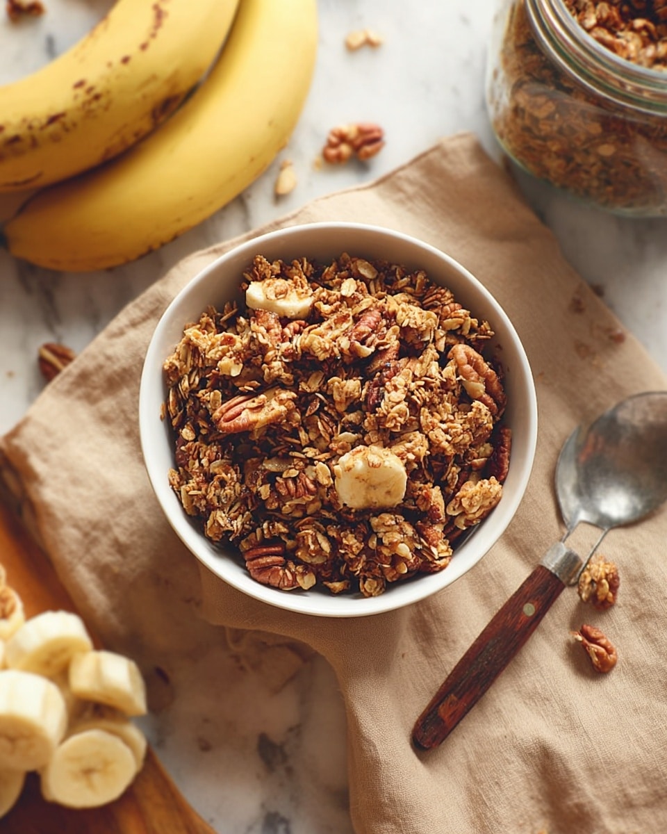 A white bowl filled with crunchy granola made of oats and different nuts, mostly light to medium brown in color and showing rough chunky textures, sits on a beige cloth napkin over a white marbled surface. Nearby are two ripe bananas with light yellow skin and some brown spots, a silver spoon with a wooden handle resting beside the bowl, and a partly visible glass jar filled with more granola. The background maintains a warm, cozy feel with soft, natural light. photo taken with an iphone --ar 4:5 --v 7
