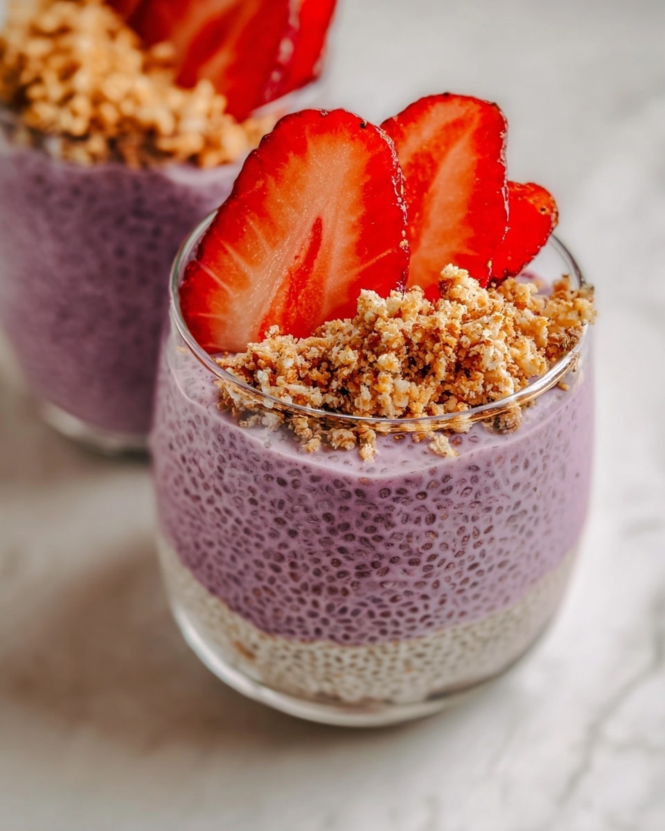 The image shows two clear glasses filled with three visible layers. The bottom layer is light beige and grainy, likely oats or a similar base. The middle layer is thick and purple with visible small black seeds, resembling a chia pudding mixed with fruit. The top layer is divided into two parts: one side is covered with finely crushed light brown nuts, and the other side features a fanned, bright red sliced strawberry with visible seeds and green leafy top. The glasses are placed on a white marbled surface. Photo taken with an iphone --ar 4:5 --v 7